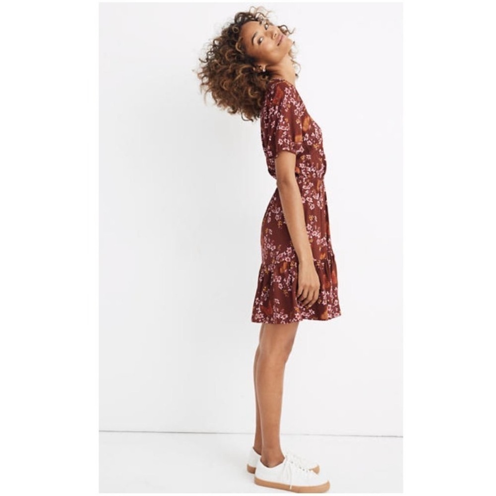 Madewell Ruffle Wrap Windowbox Red Brown Floral Dress Size 4 - Picture 8 of 9